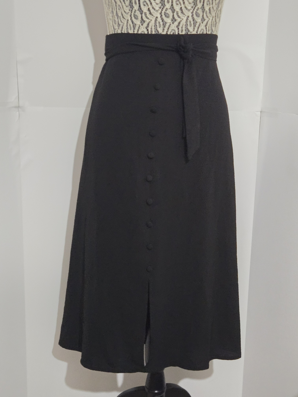 Black Button-Front Midi Skirt with Self Tie Waist - Picture 2 of 8